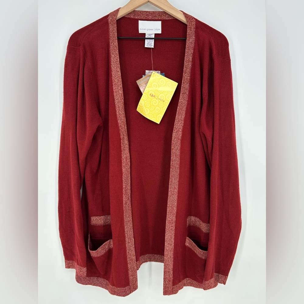 NWT Susan Graver Open Front Cardigan Sweater L-Burgundy W/Metallic Threads A1534